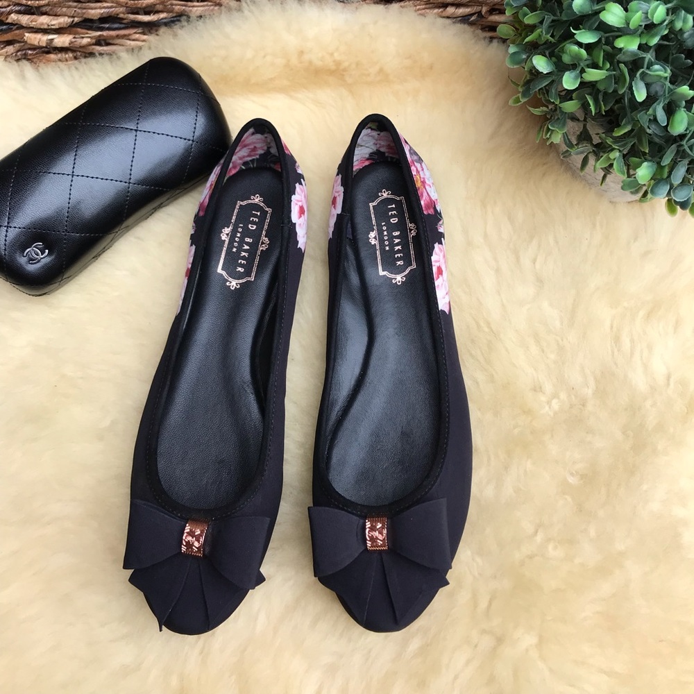 Ted Baker Black Flats with Pink Floral Detail